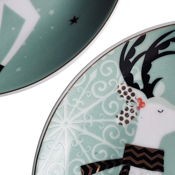Vintage Pier 1 Christmas Reindeer Appetizer Dessert Plates Set Of 2 Aqua Festive - Picture 8 of 16